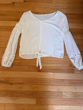 SO White Tie-Front Blouse with Crochet Sleeve Accents